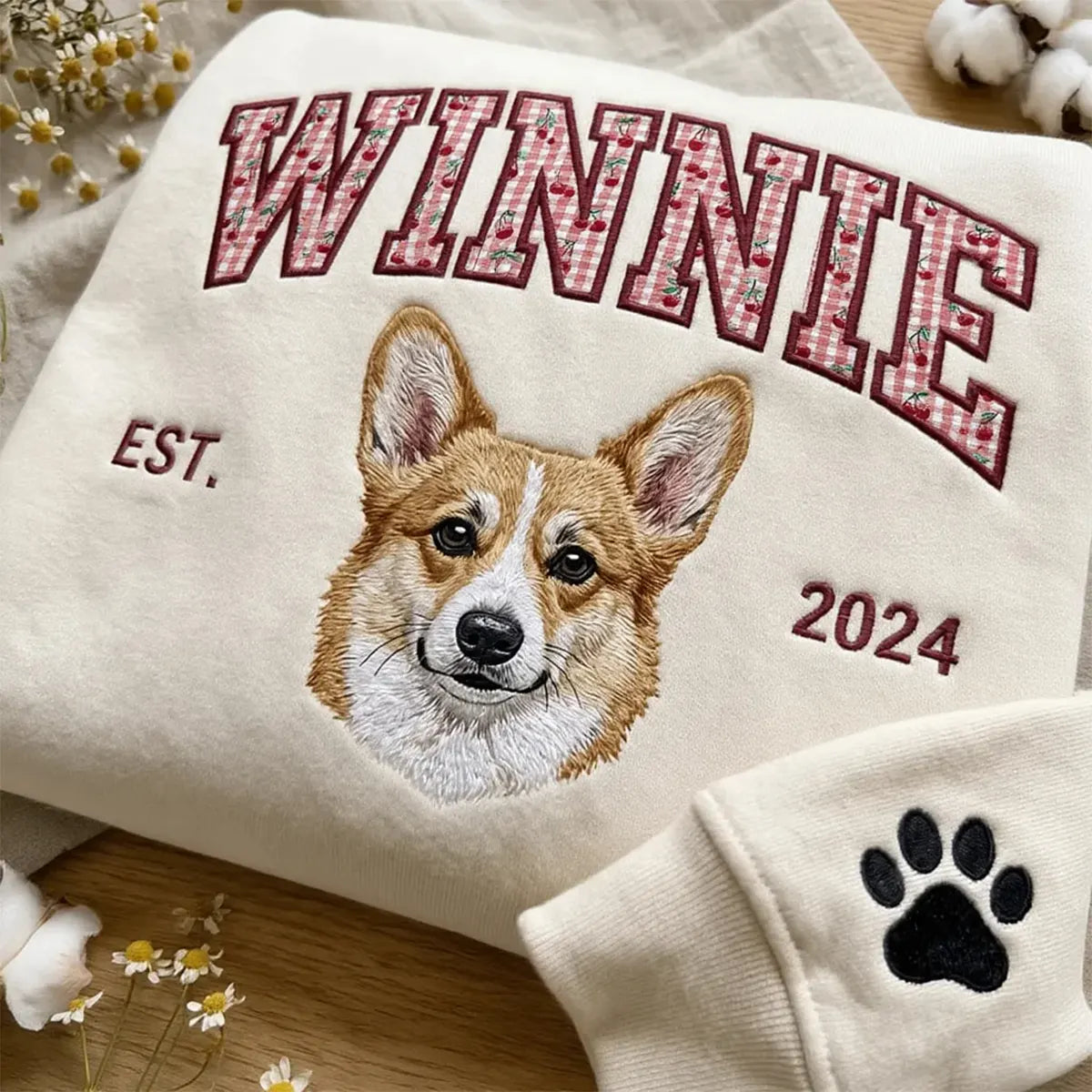 Custom Pet Portrait Embroidered Sweatshirt — Coquette Appliqué Name with Bow, Floral & Cherry Charms