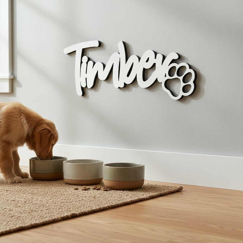 Personalized Dog Name Sign with Paw / Bone, Custom Wooden Pet Name Sign
