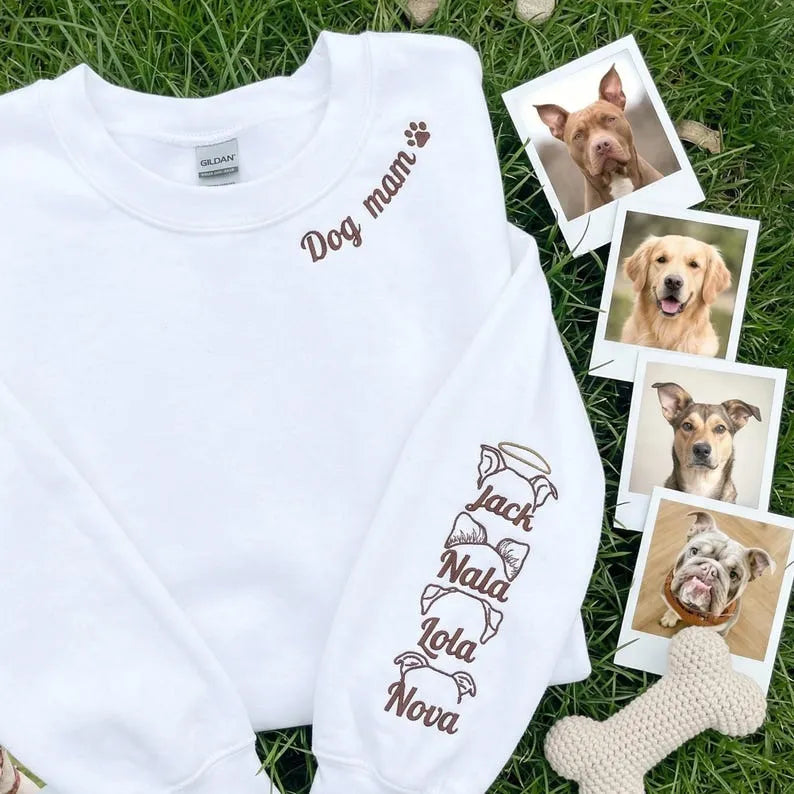 Custom Embroidered Pet Ear Outline Sweatshirt, Dog Mom Sweatshirt with Pet Ears on Sleeve