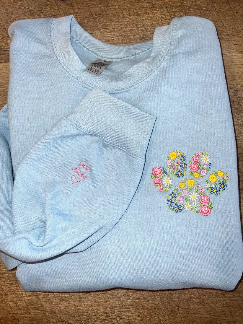 Floral Embroidered Sweatshirt Hoodie with Custom Names on Sleeve, Mother's Day Gift