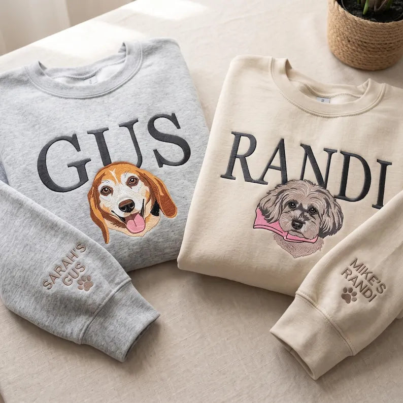 Custom Embroidered Dog Portrait Sweatshirt, Personalized Pet Photo Name Embroidered Crewneck