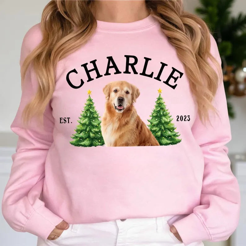 Personalized Pet Christmas Shirt – Custom Pet Photo & Name Holiday Sweater with Christmas Tree