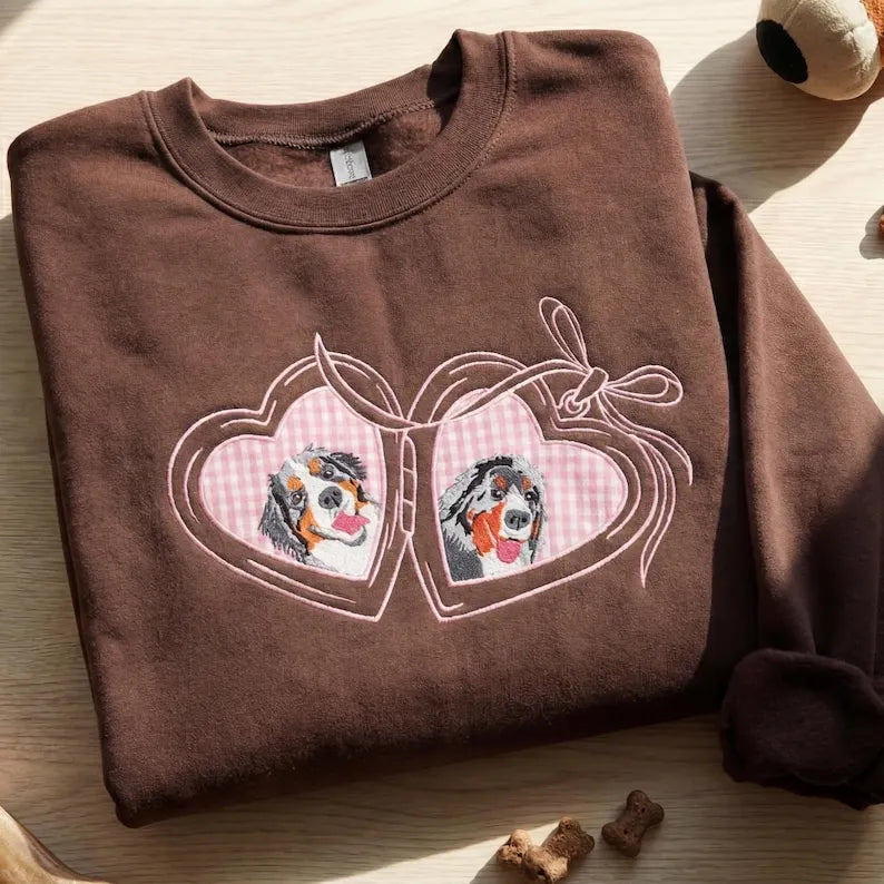 Custom Pet Portrait Embroidered Sweatshirt With Locket Frame, Personalized Pet Photo Heart Coquette Bow Crewneck