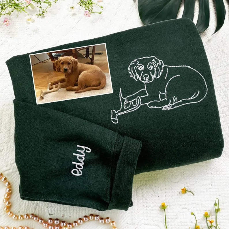 Custom Dog Portrait Embroidered Sweatshirt From Your Photo, Pet Outline T-shirt Hoodie- Stylish Outline Style