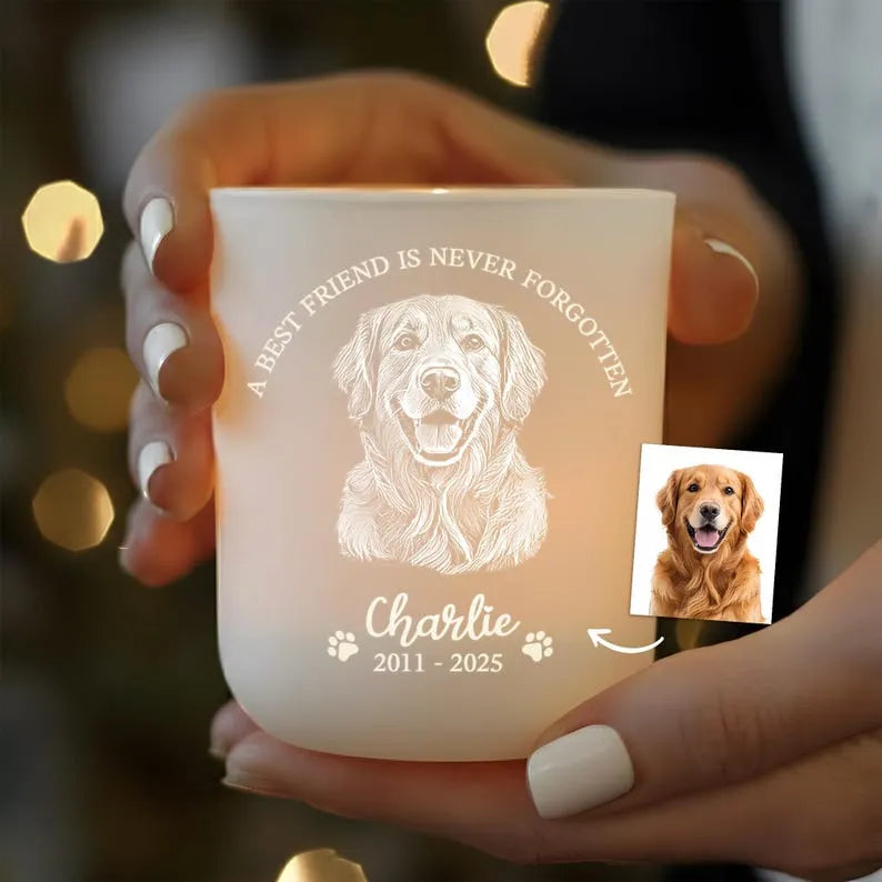 Personalized Dog Memorial Gifts, Engraved Tealight Holder with Dog Picture