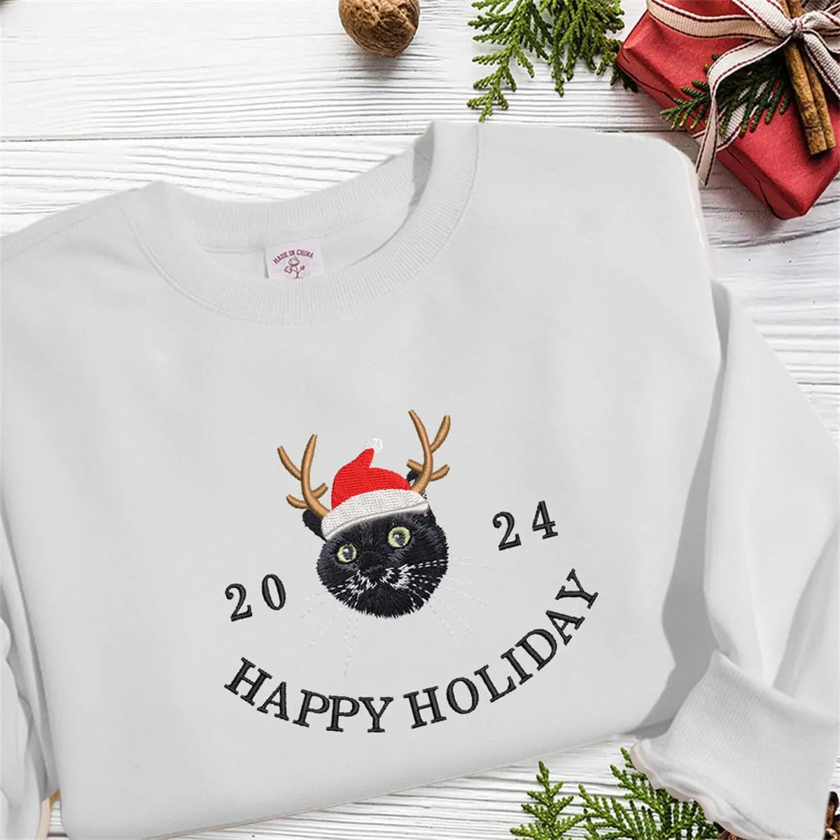 Happy Holiday Custom Pet Photo And Year Embroidered Sweatshirt Hoodie T-shirt- Colorful Design