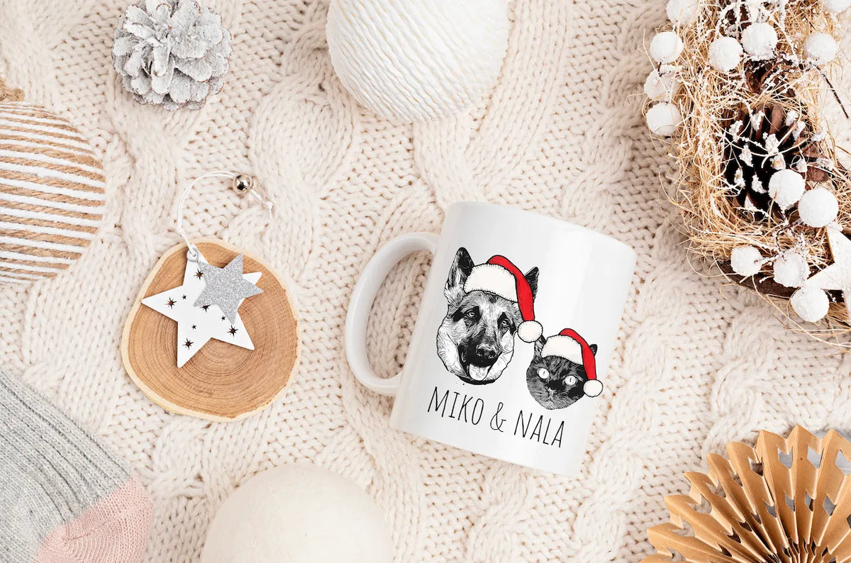 Custom Pet Mug with Santa Hat, Black & White, 2 Sides Printed