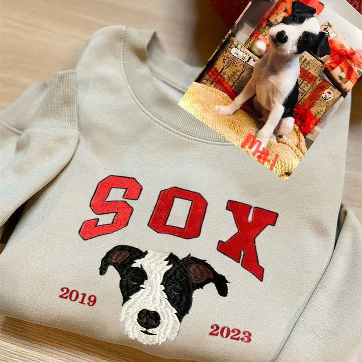 Custom Pet Memorial Pet Photo Varsity Style Embroidery with Est Year T-shirt Sweatshirt Hoodie- Varsity Colorful Design