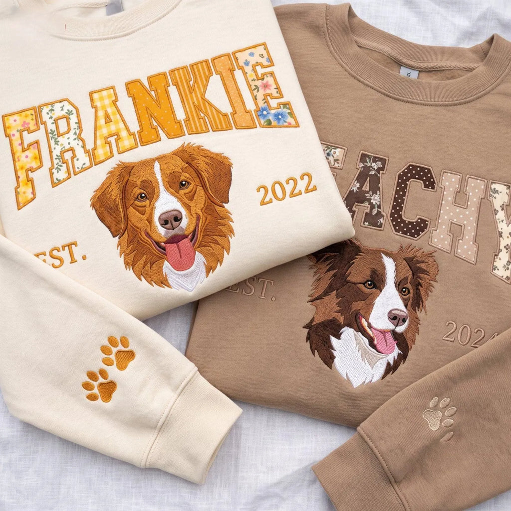 Custom Pet Portrait Patchwork Applique Varsity Crewneck