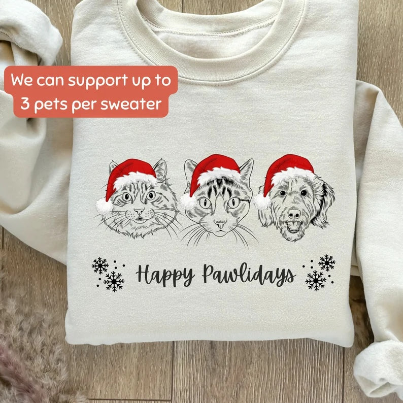 Custom Pet Face Hand-Drawn Sweatshirt with Santa Hat Design, Personalized Pet Christmas Sweatshirt