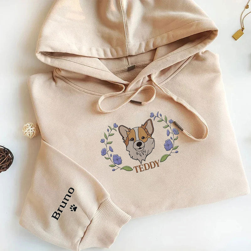 Custom Pet Portrait Embroidered Dog Mom Floral Sweatshirt Hoodie- Colorful Design