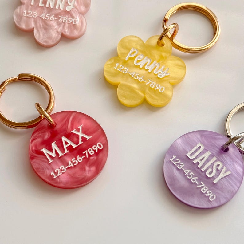 Custom Pet ID Tag, Pearl Acrylic Tag with Engraved Name & Phone Number
