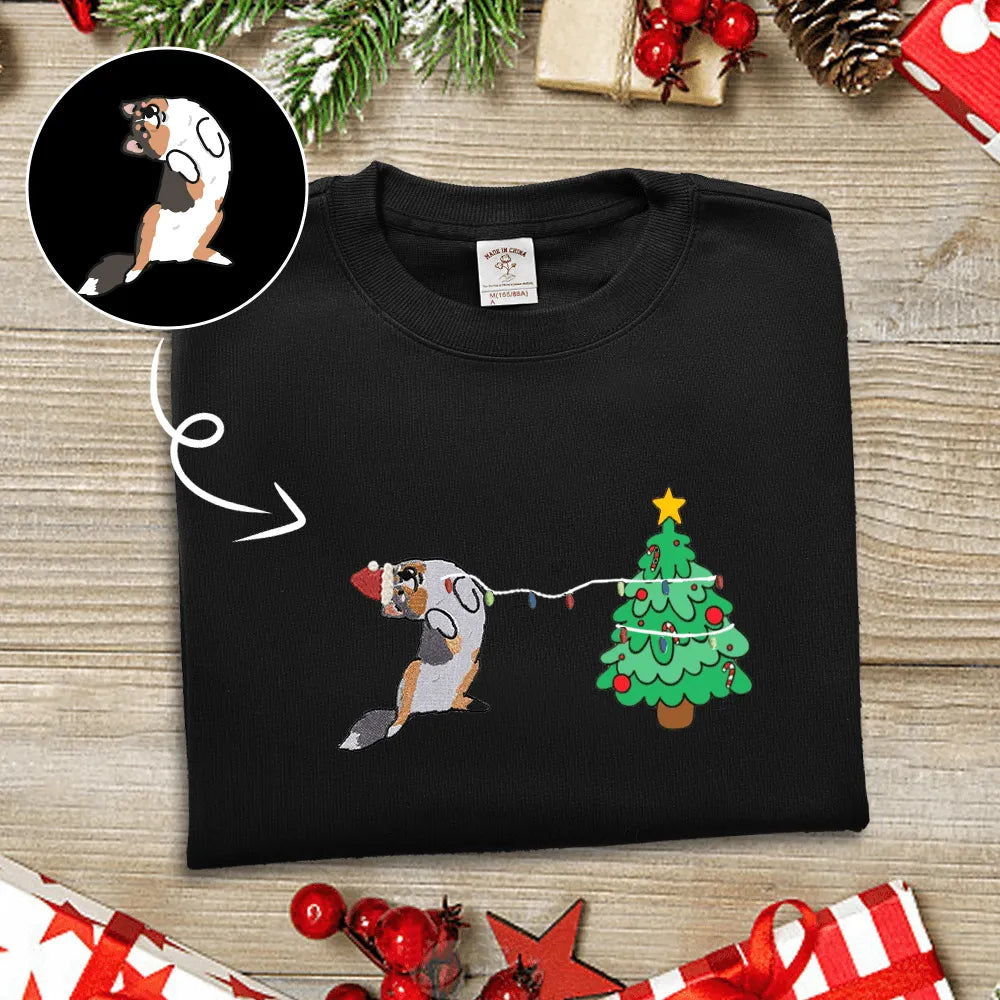 Custom Embroidered Christmas Tree And Lights Pet Embroidered Sweatshirt Hoodie T-shirt- Colorful Design