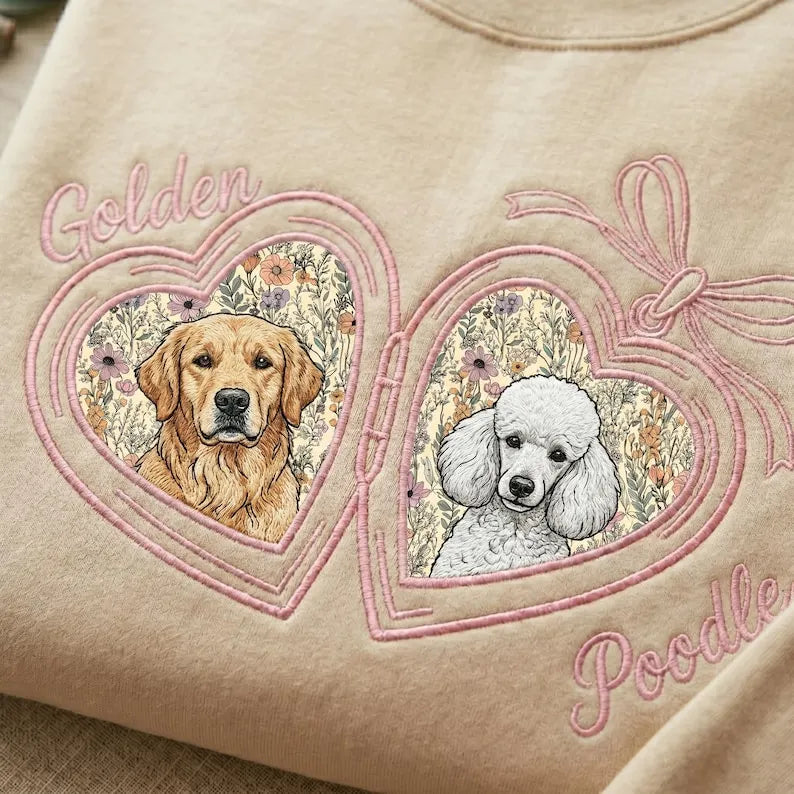 Custom Pet Portrait Embroidered Sweatshirt with Floral Applique Locket Heart with Bow