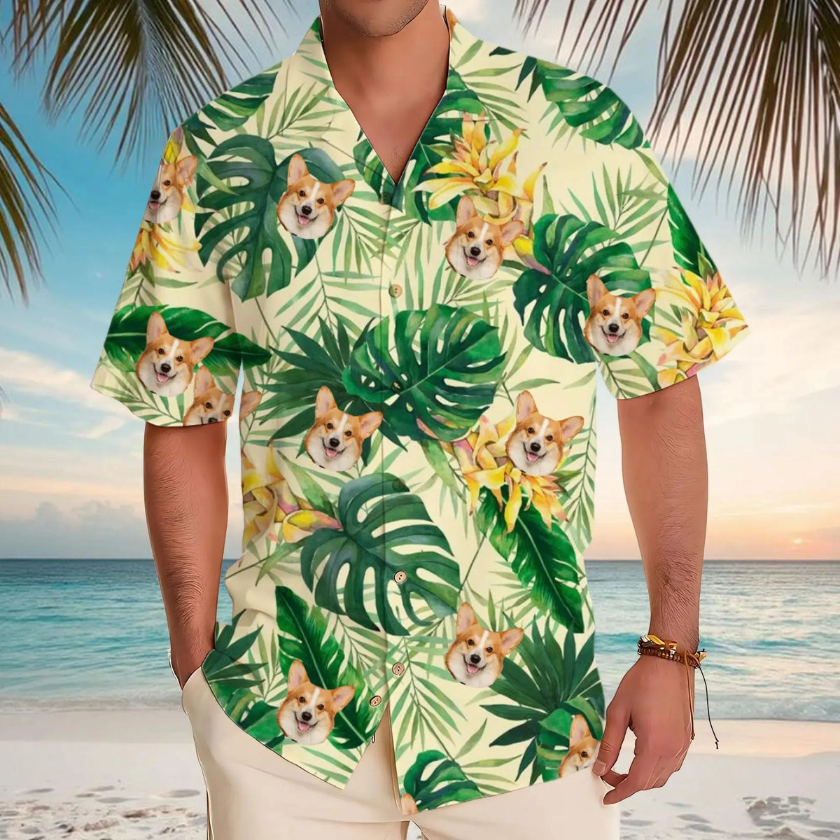 Personalized Photo Hawaiian Shirt Custom Dog Cat Face Holiday Tropical Pattern Shirt