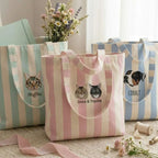 Custom Embroidered Pet Portrait Striped Tote Bag, Personalized Dog Tote Bag, Dog Lover Gift