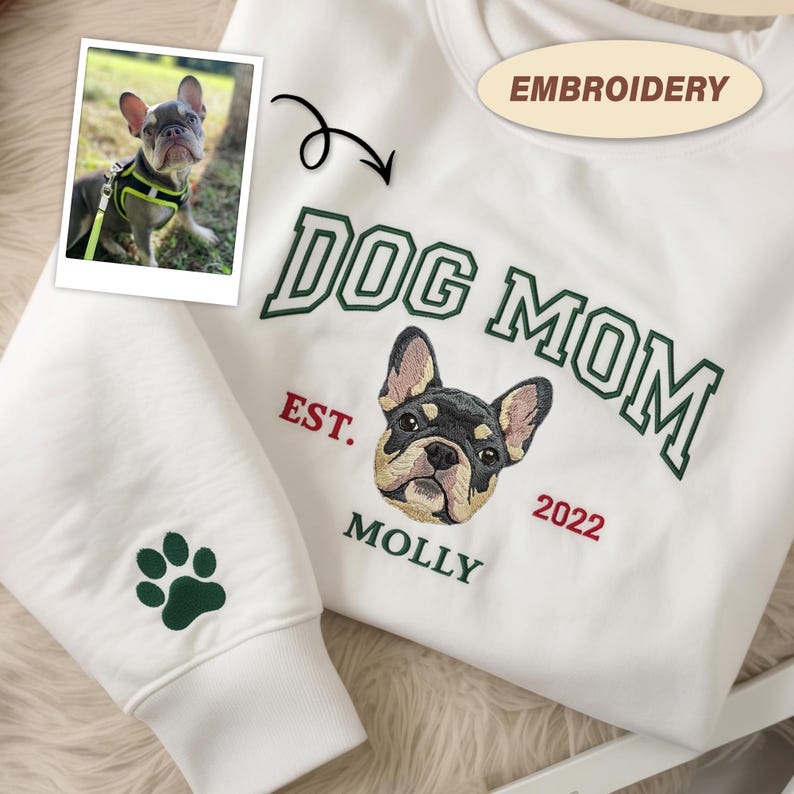 Custom Pet Portrait Embroidered Dog Mom Dad Sweatshirt, Dog Mama Varsity Shirt