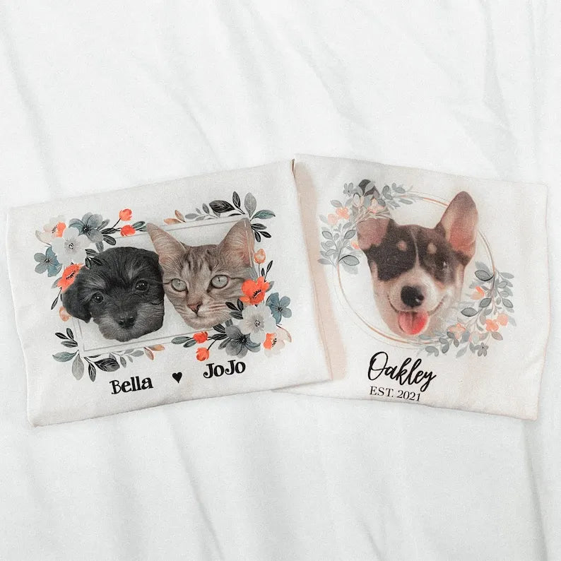 Personalized Pet Face Printed T-shirt Sweatshirt Hoodie Using Photo Name Custom Portrait Floral Wreath