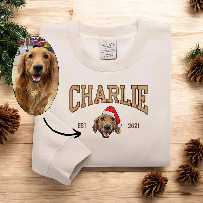 Pet Embroidered Sweatshirt Christmas Dog Embroidered Sweatshirt Hoodie T-shirt Xmas Gift- Varsity Colorful Design