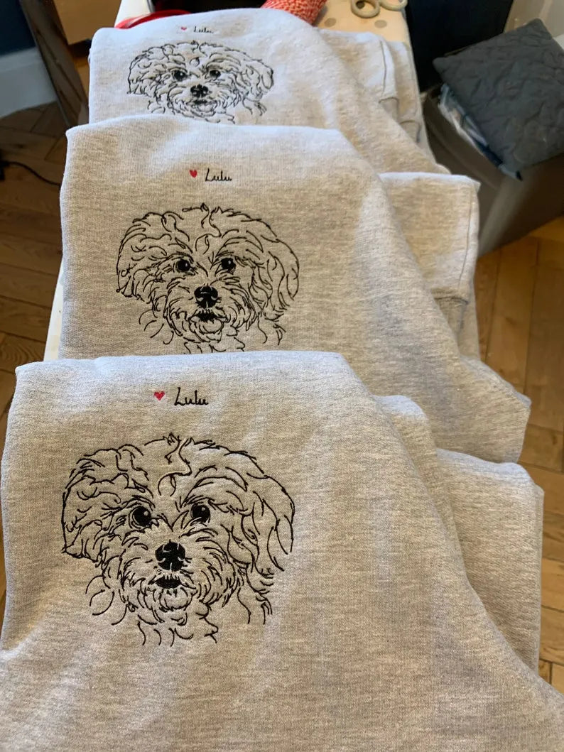 Custom Pet Portrait Extra-fine Embroidered Sweatshirt Hoodie T-shirt- Stylish Outline Style