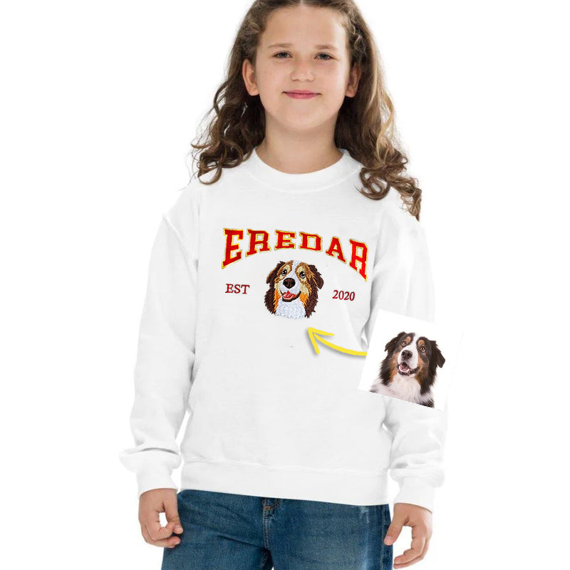 Custom Dog Hoodie Embroidered Dog Name, Personalized Pet Face Sweatshirt, Varsity Style Hoodie For Kid- Varsity Colorful