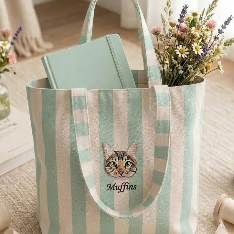 Custom Embroidered Pet Portrait Striped Tote Bag, Personalized Dog Tote Bag, Dog Lover Gift