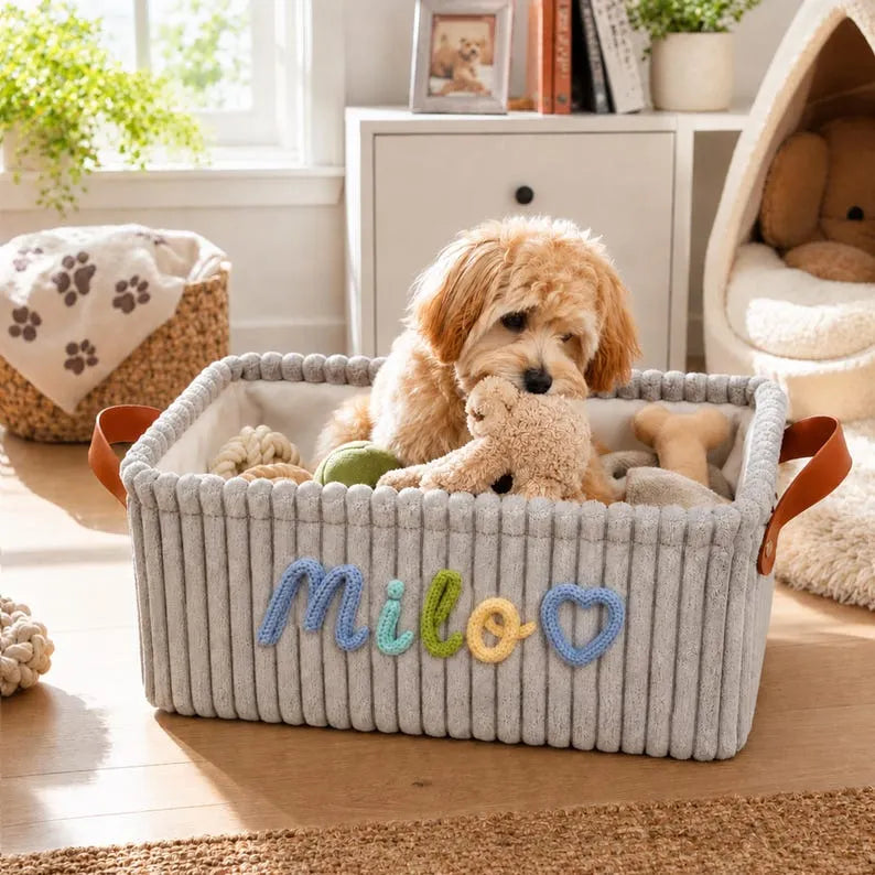 Custom Pet Toy Basket with Name, Personalized Corduroy Pet Toy Basket, Dog or Cat Toy Organizer