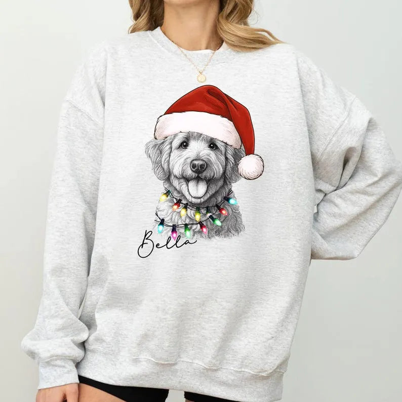 Custom Santa Hat Christmas Dog Shirt with Christmas Lights Design, Custom Graphic Tee