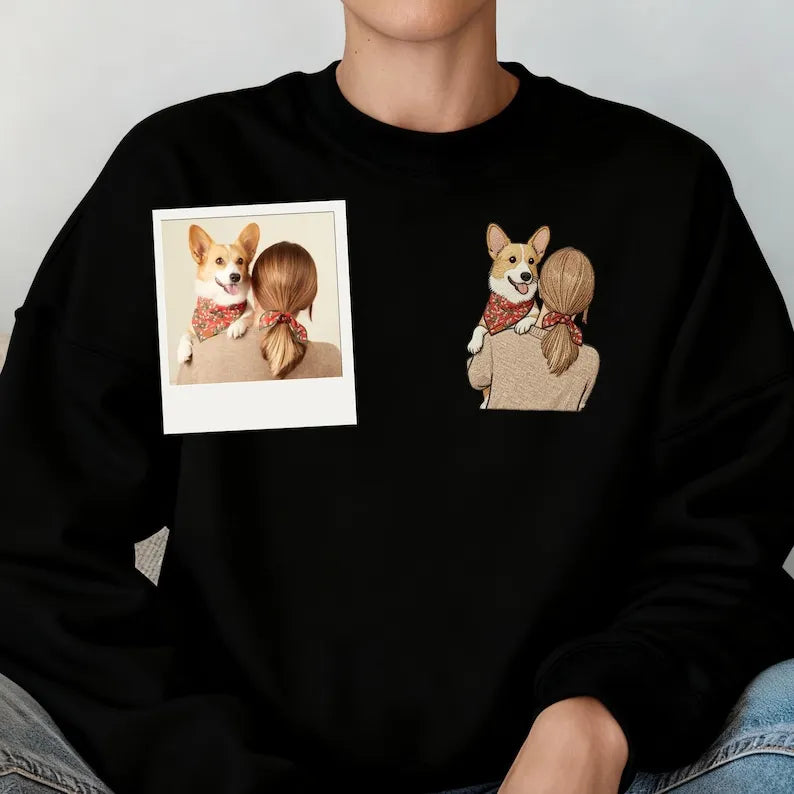 Custom Embroidered Pet and Owner Portrait Sweatshirt, Personalized Dog/Cat Dad Mom Gift