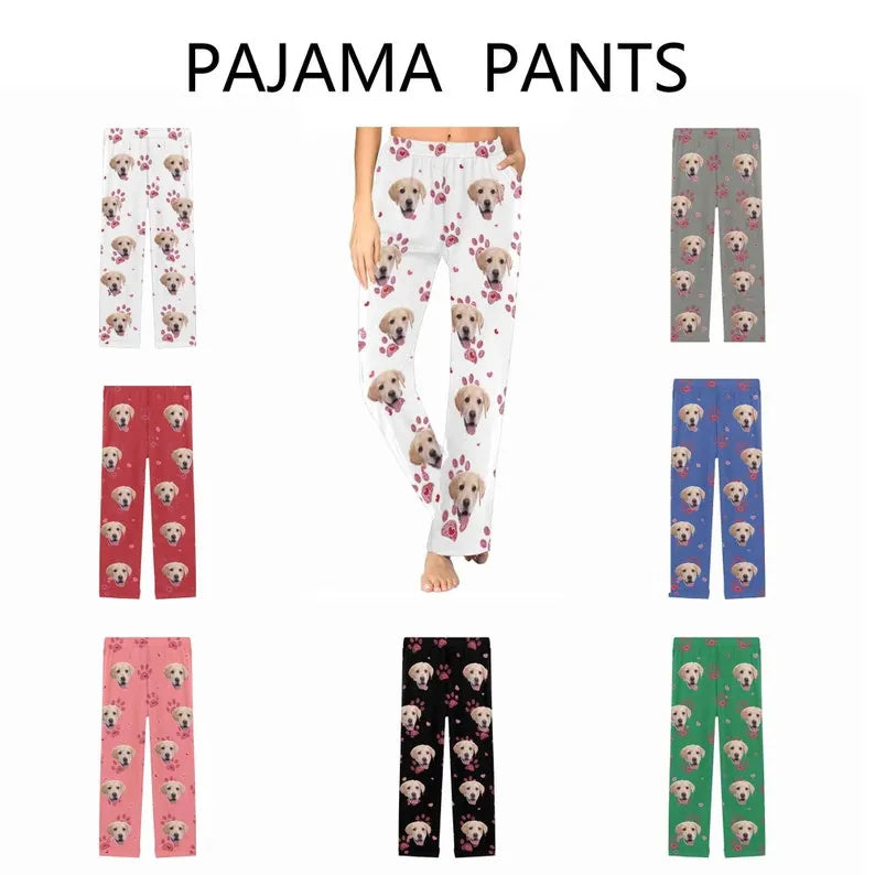 Cute Dog Paws Print Home Pajamas, Custom Puppy Face Photo Pajamas
