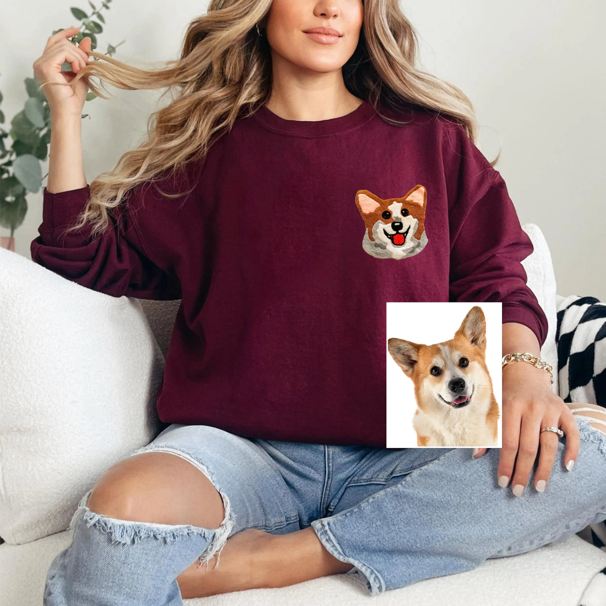 Custom Embroidered Pet Portrait Tufted Embroidery Sweatshirt Hoodie T-shirt- Colorful Design