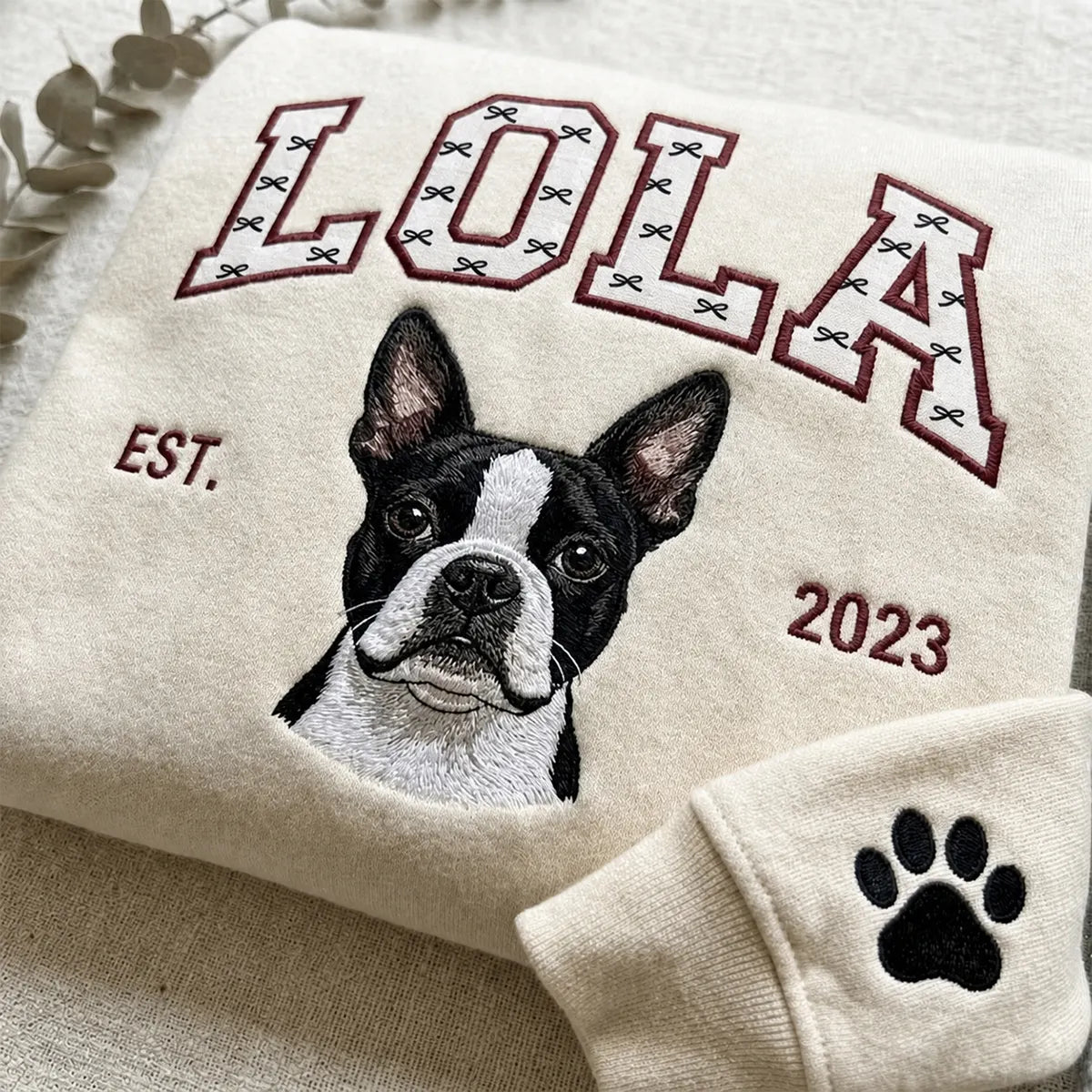 Custom Pet Portrait Embroidered Sweatshirt — Coquette Print Appliqué Name