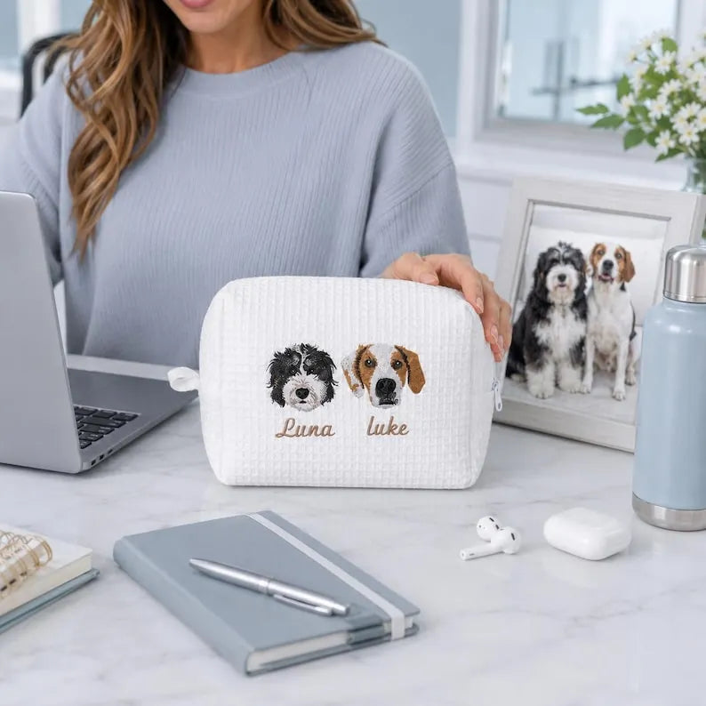 Personalized Pet Photo Embroidered Cosmetic Bag, Custom Dog Portrait Makeup Bag