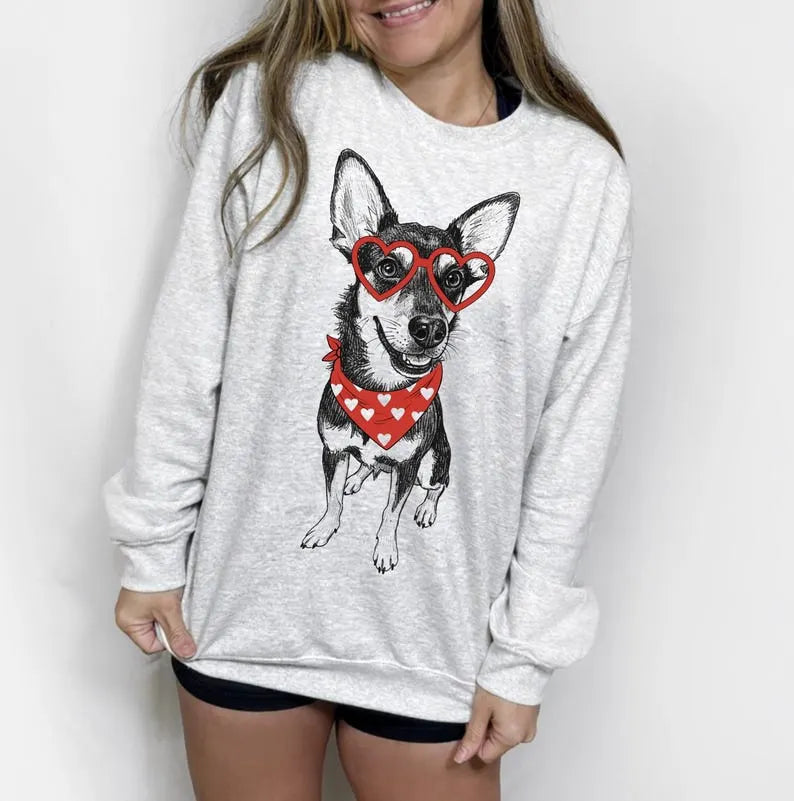Custom Pet Valentine’s Day Sweatshirt – Personalized Dog with Heart Bandana & Glasses