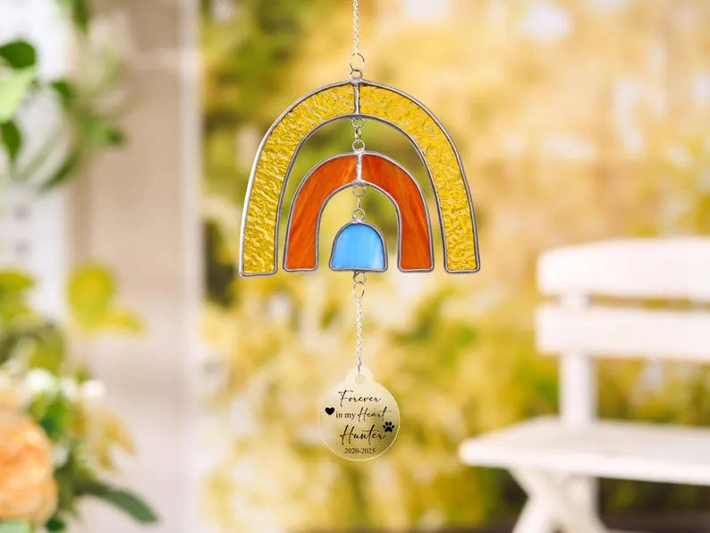 Personalized Pet Memorial Sun Catcher – Rainbow Bridge Stained Glass with Photo