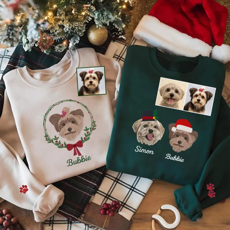 Custom Pet Embroidered Christmas Sweatshirt, Personalized Dog or Cat Portrait Crewneck- Colorful Design