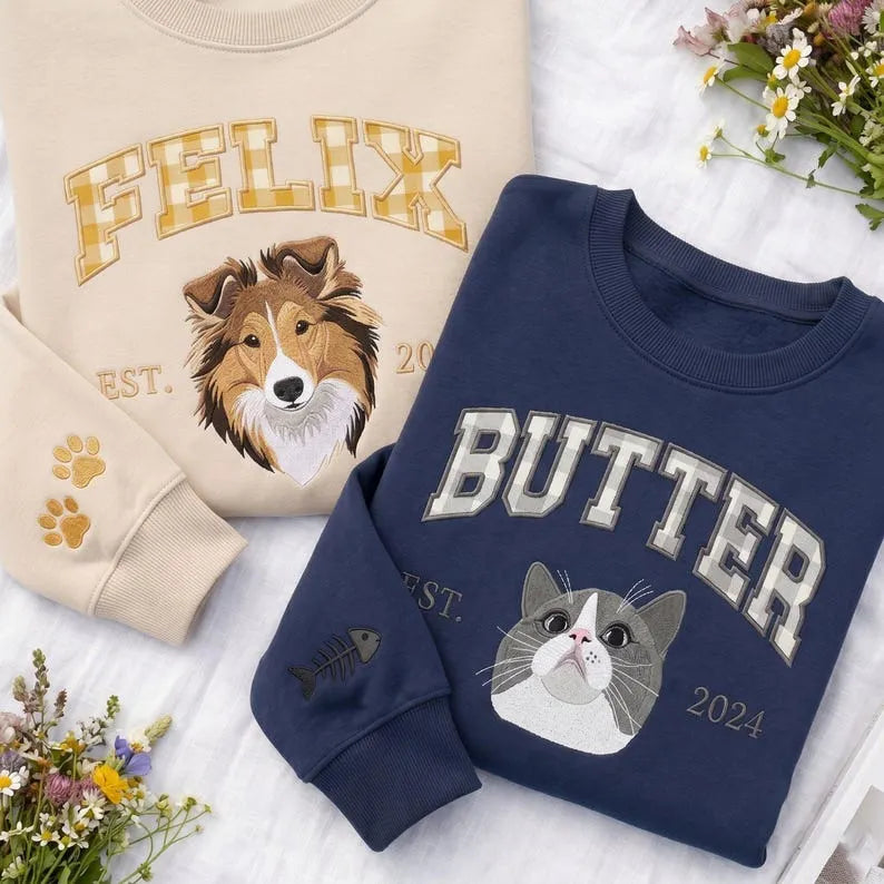 Custom Dog or Cat Portrait Crewneck with Gingham Applique Letters