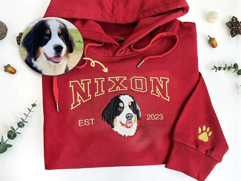 Custom Dog/Cat Face Embroidered Shirt from Your Photo Sweatshirt, Varsity Style Hoodie- Varsity Colorful Design