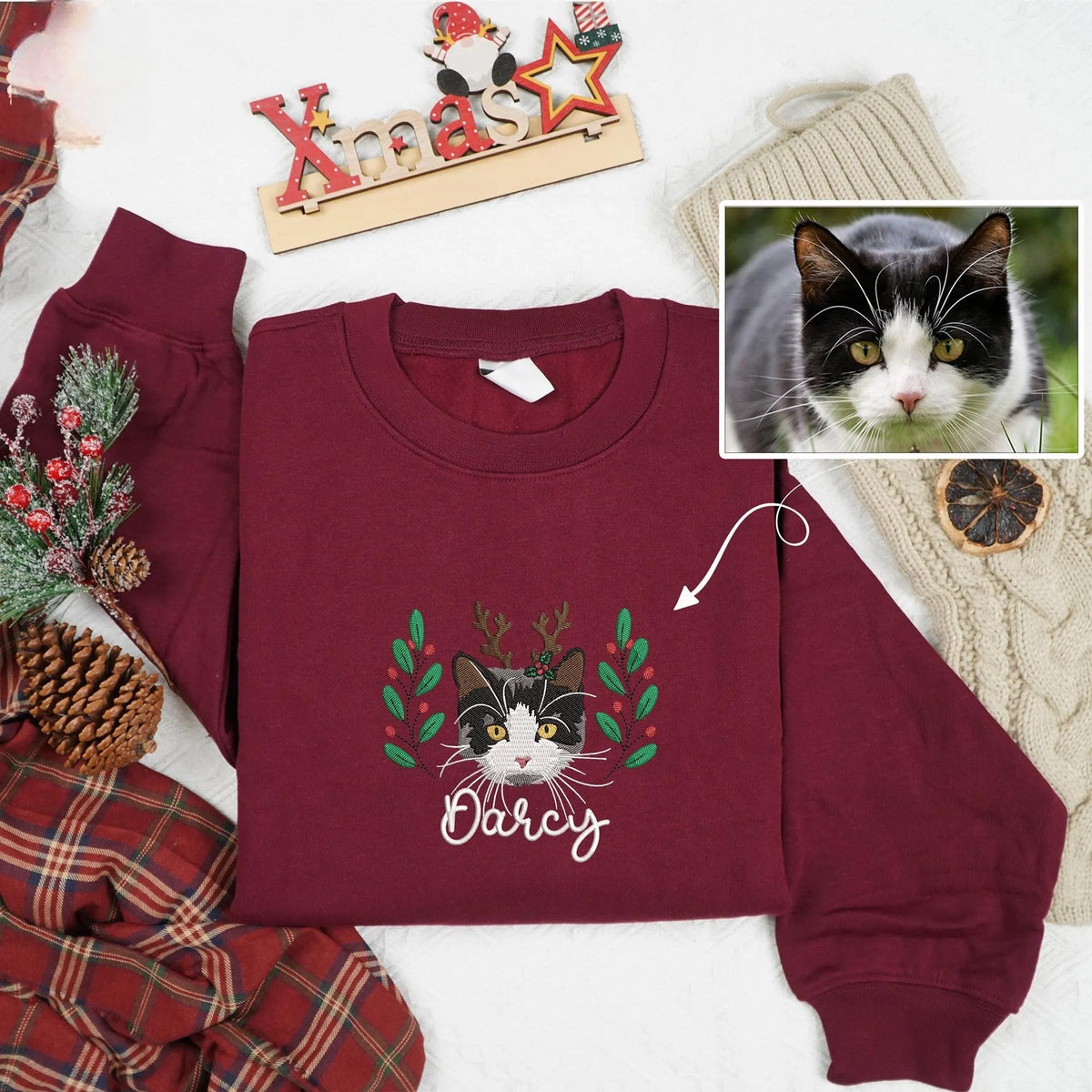 Custom Dog Portrait Embroidered Christmas Shirt, Personalized Pet Face and Pet Name Sweatshirt- Colorful Design