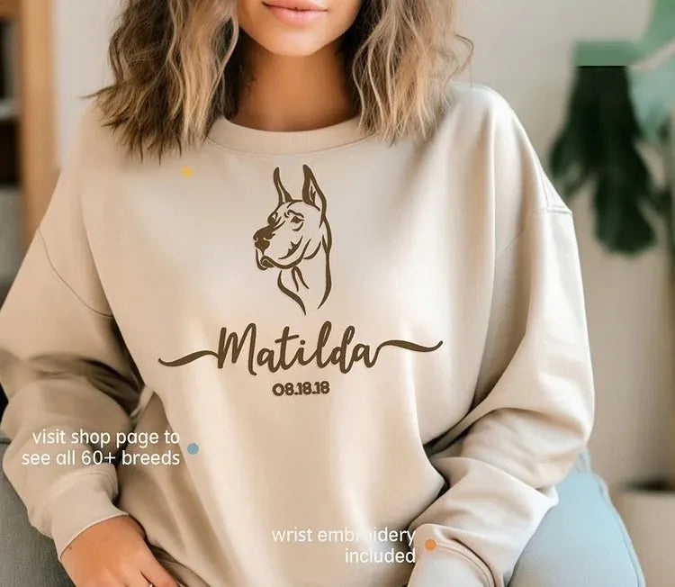 Custom Embroidered Pet Portrait Hoodie/Sweatshirt/T-shirt With Your Pets Name- Stylish Outline Style