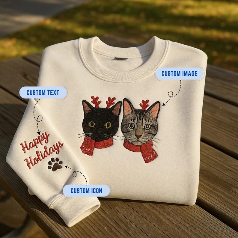 Custom Cat Embroidered Sweatshirt, Hoodie & T-Shirt, Christmas Holiday Sweatshirt- Colorful Design