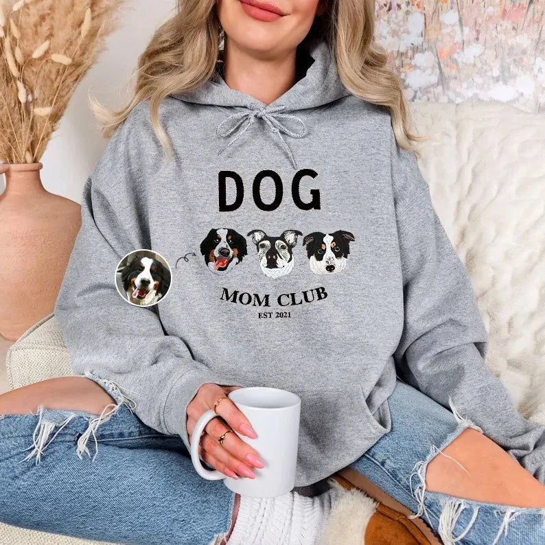 Dog Mom Club Custom Pet Portrait Embroidered Sweatshirt Hoodie T-shirt, Mother's Day Gift