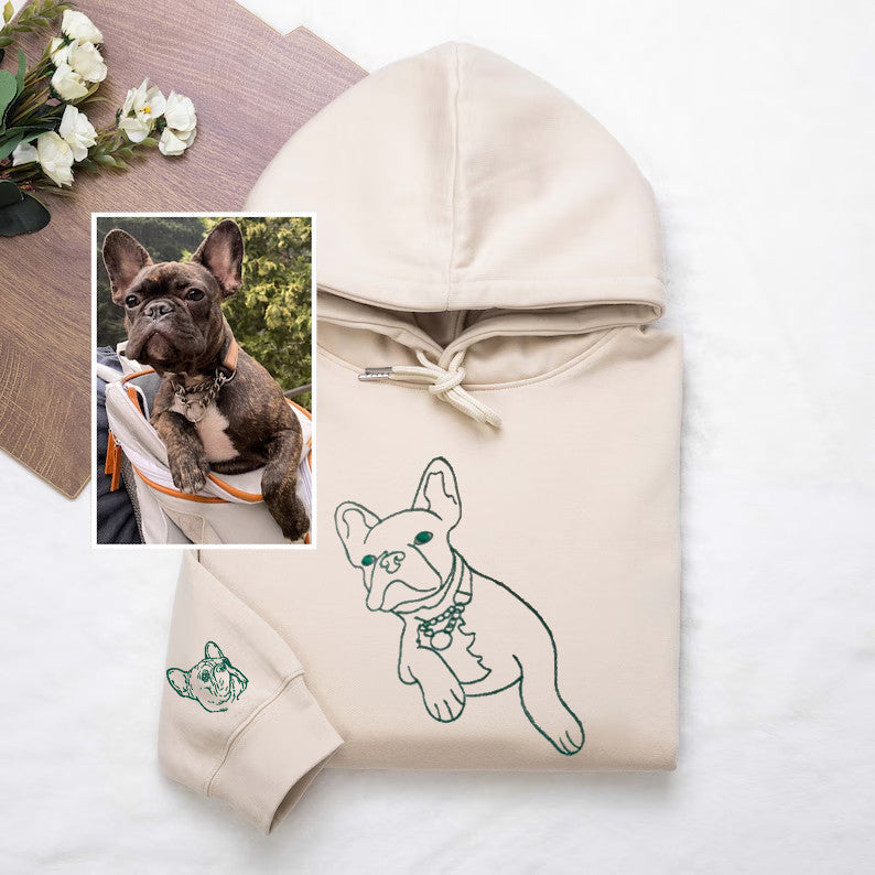 Custom Embroidered Pet Photo On Sleeve And Center Chest Sweatshirt Hoodie T-shirt- Stylish Outline Style