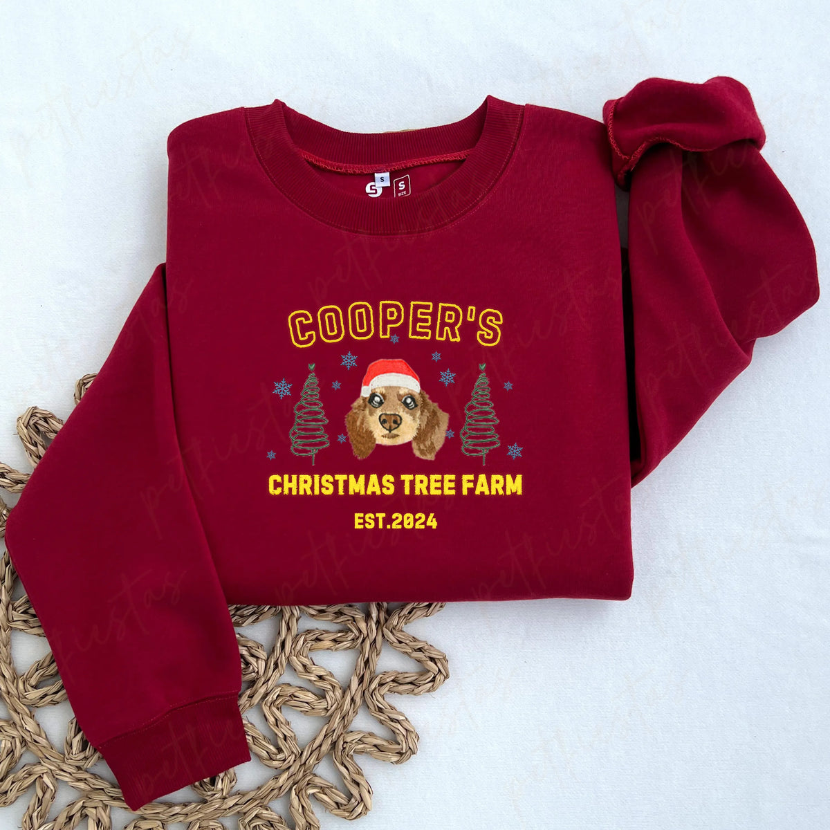 PetFiestas® Custom Christmas Tree Farm Embroidered Personalized Pet Portrait Christmas Sweatshirt Hoodie T-shirt- Varsit