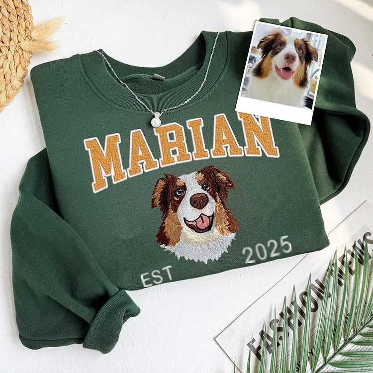 Custom Embroidered Pet Photo Hoodie Sweatshirt with Est Year Below The Photo- Varsity Colorful Design