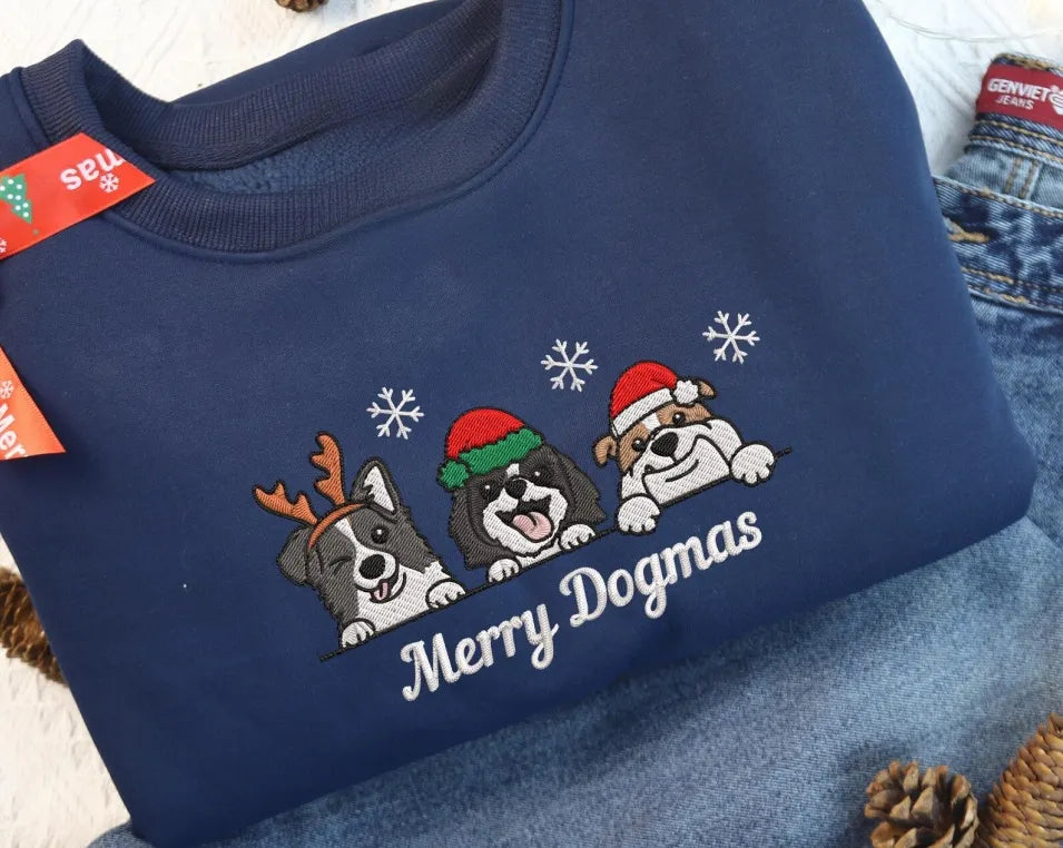 Personalized Christmas Dog Face Embroidered Sweatshirt – Cute Holiday Dog Lover Shirt- Colorful Design