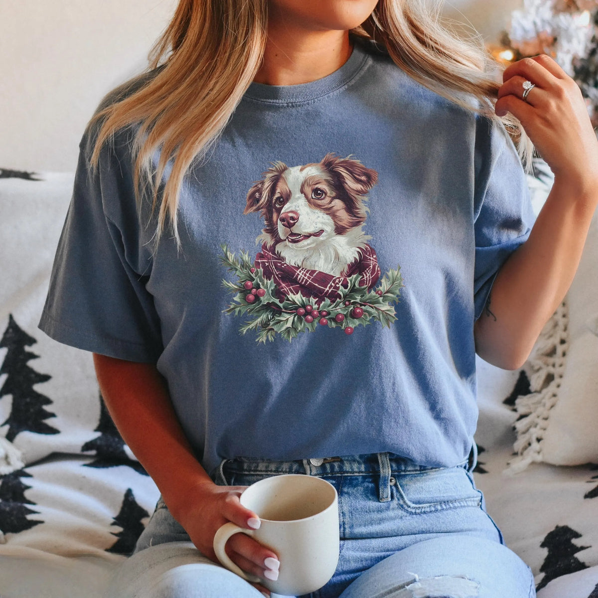 Vintage Custom Christmas Dog Graphic Crewneck T-Shirt with Berry Mistletoe Scarf