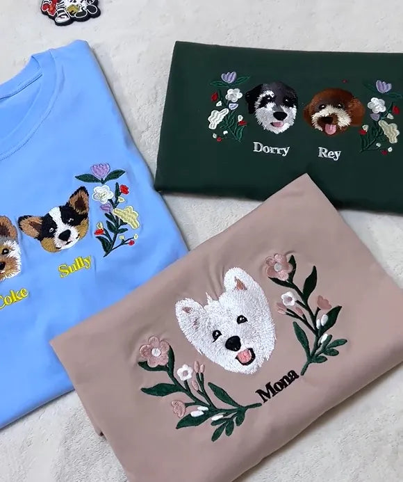 PetFiestas® Custom Premium Handcrafted Pet Photo Embroidery T-shirt Sweatshirt Hoodie with Wreath Design- Colorful Desig