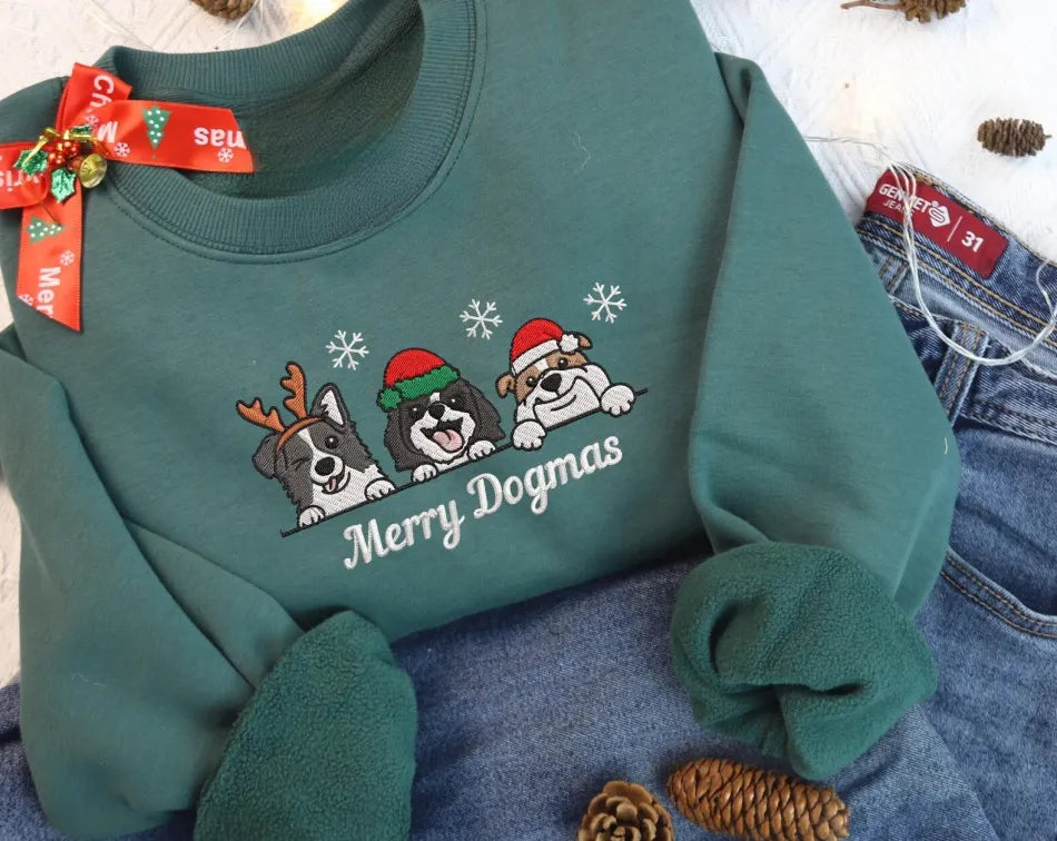 Personalized Christmas Dog Face Embroidered Sweatshirt – Cute Holiday Dog Lover Shirt- Colorful Design