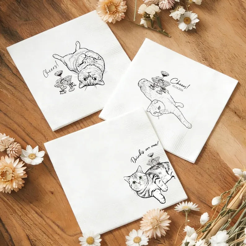 Custom Dog Cat Cocktail Napkins, Pet Portrait Wedding Napkins, Party Supplies, Pet Lover Gift